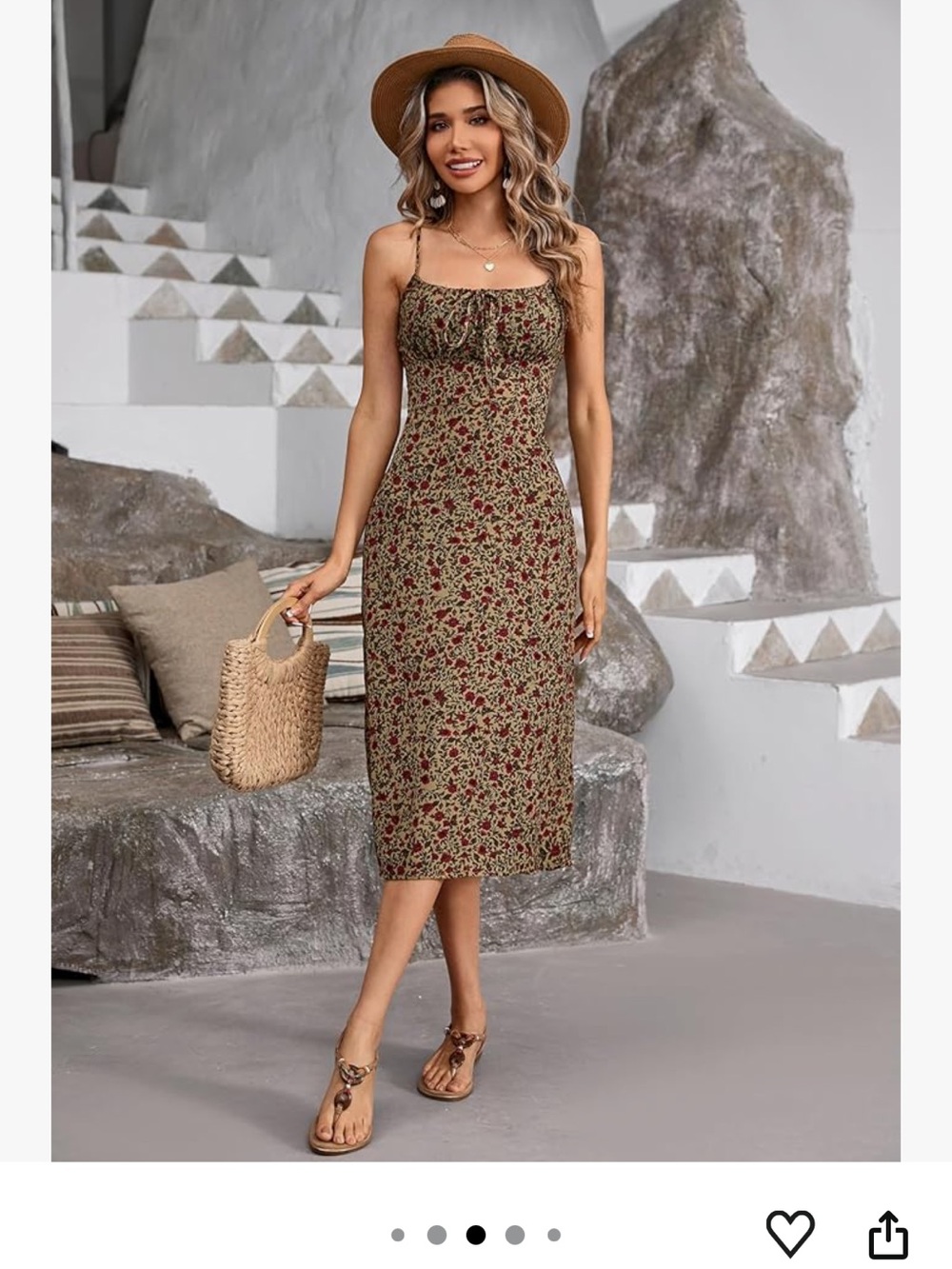 Amazon Floral Spaghetti-Strap Midi Dress in Cream and Red